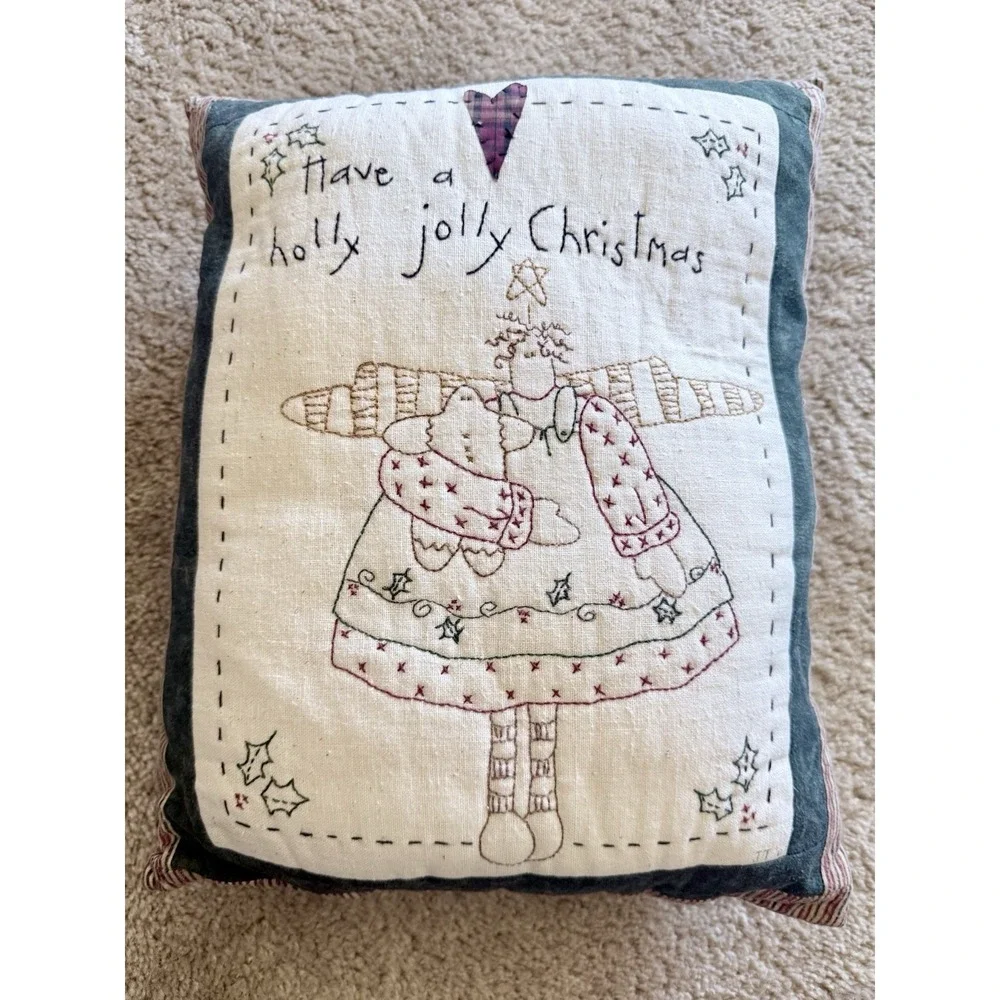 Vintage Primitive Christmas Angel Handmade Pillow Folk Art Ticking Stripe 16
